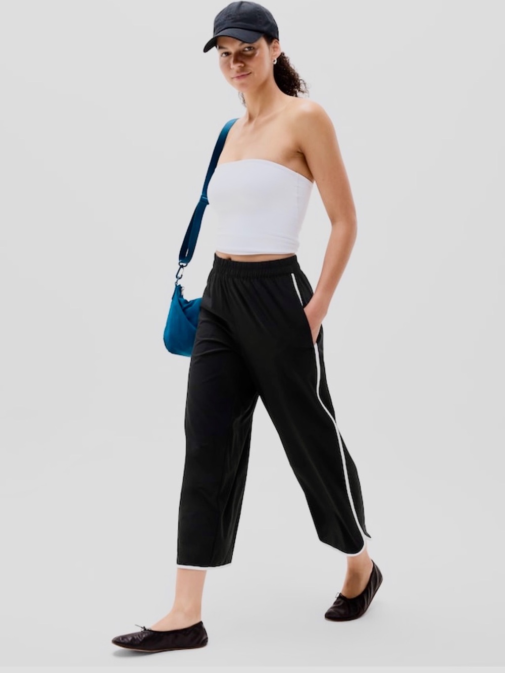 Athleta Black Journey Crop Pant with White Side and Hem Trim